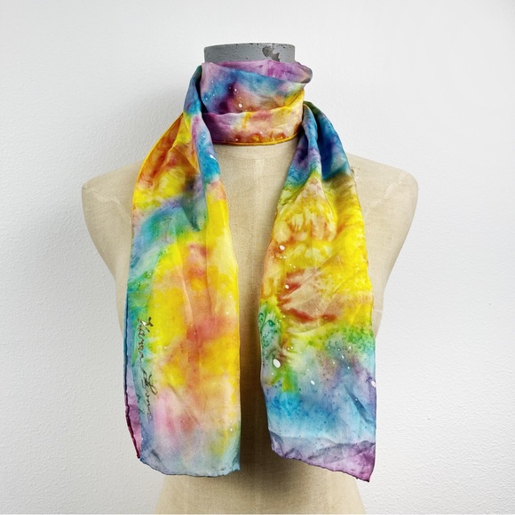 Karen Lyons Hand Painted Silk Scarf Multi Color Rainbow Pastel - Picture 2 of 5